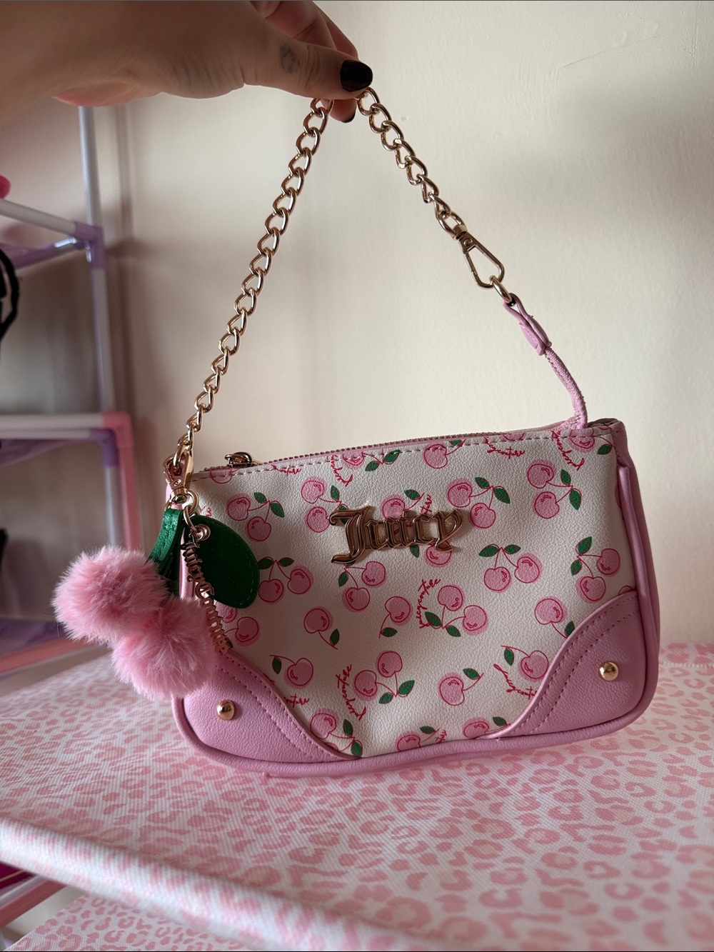 Juicy Couture Pink Cherry Print Mini Wristlet with Gold Chain